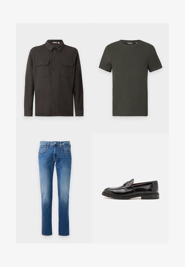 Dunkelgrauhemden aus weichem Stoff, mit Kragen, zwei Brusttaschen und langen Ärmeln mit geknöpften Manschetten.; Dunkelgrünes T-Shirt mit kurzen Ärmeln und rundem Ausschnitt, aus geripptem Material; zeichnet sich durch ein einfaches, minimalistisches Design ohne Muster aus.; Herren Jeans aus blauem Denim mit einem verwaschenen Finish, gerader Beinschnitt, fünf Taschen und einem Knopfverschluss vorne. Genähte Akzente an den Taschen.; ALDO ALERIS - Slipper - black