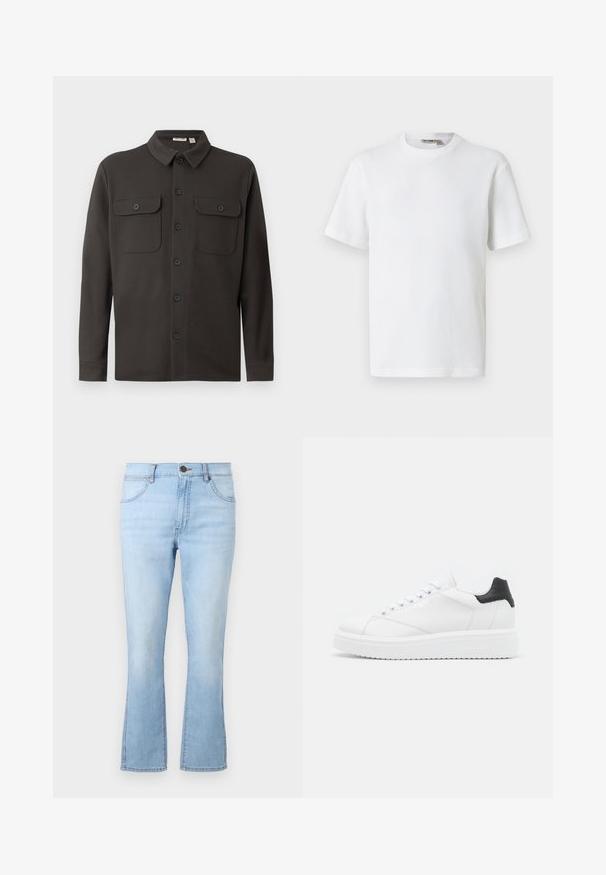 Camisa de botón gris oscuro, hecha de una tela suave, con cuello, dos bolsillos en el pecho y mangas largas con puños abotonados.; Camiseta blanca de manga corta con cuello redondo y tejido de waffle, con una pequeña etiqueta de la marca en el interior del cuello, mostrada sobre un fondo liso.; Vaqueros acampanados de color azul claro, confeccionados en denim, con cinco bolsillos, cierre de botón y cremallera, y costuras en contraste. Presentan un lavado ligeramente desvanecido.; Zapatilla de cuero blanca con un talón negro, cordones planos, entresuela texturizada y logotipo en el lado exterior. Diseñada para uso casual.
