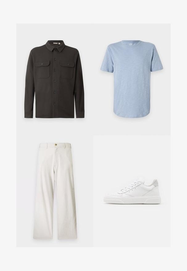 Camisa de botón gris oscuro, hecha de una tela suave, con cuello, dos bolsillos en el pecho y mangas largas con puños abotonados.; Camiseta de manga corta de color azul claro hecha de una tela suave, con un escote redondo y un dobladillo recto con una textura sutil.; Pantalones de pierna ancha beige fabricados en algodón, con cremallera y cierre de un botón. Cuenta con bolsillos frontales y un acabado de tela texturizada.; Zapatillas de cuero blanca con un acabado suave, punta redondeada, cordones planos y una suela texturada. Acento de ante gris en el talón.