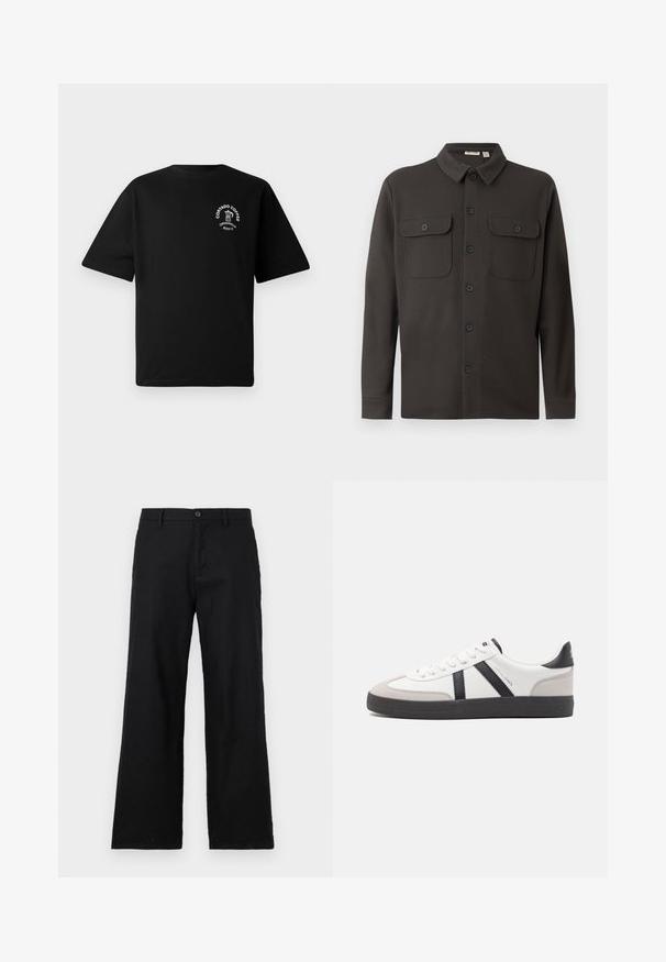Chemise boutonnée gris foncé en tissu doux, dotée d'un col, de deux poches poitrine et de manches longues avec des poignets boutonnés.; T-shirt noir à manches courtes avec un petit logo blanc sur la poitrine représentant une cafetière et le texte "Cortado Coffee Original 2013."; Pantalon noir à jambe droite en coton, doté d'une fermeture à bouton et de passants de ceinture. Texture lisse sans motifs ni accents visibles.; Baskets blanches avec des accents noirs et gris, présentant un embout texturé gris, une semelle en caoutchouc noir et des lacets plats blancs. Design épuré, style minimaliste.