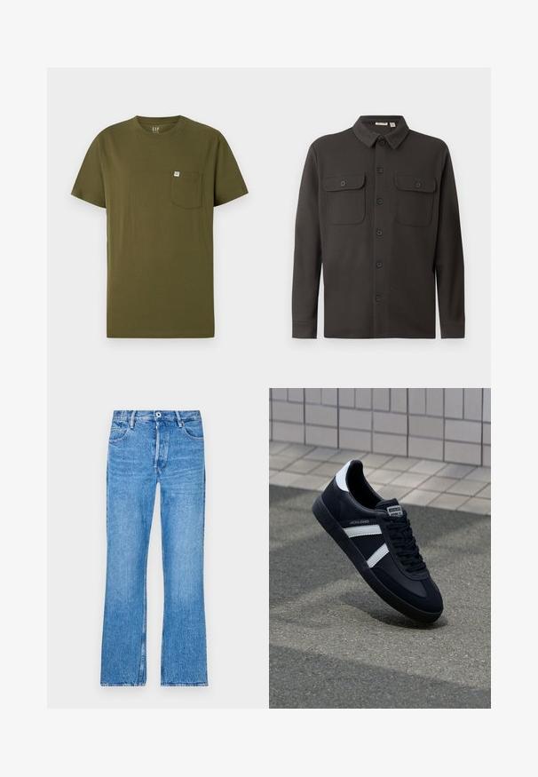 Dunkelgrauhemden aus weichem Stoff, mit Kragen, zwei Brusttaschen und langen Ärmeln mit geknöpften Manschetten.; Olivenfarbiges Baumwoll-T-Shirt mit Rundhalsausschnitt, kurzen Ärmeln und einer Brusttasche auf der linken Seite, die ein kleines Markenetikett trägt. Glatte Textur.; Blaue, gerade geschnittene Jeans aus Denim mit einem verfärbten Waschlook. Mit Knopfverschluss, Gürtelschlaufen und dem klassischen Fünf-Taschen-Design.; Schwarze Leder-Sneaker mit weißen Streifen, strukturiertem Gummisohle und Schnürung. Verfügt über ein Markenetikett auf der Zunge.