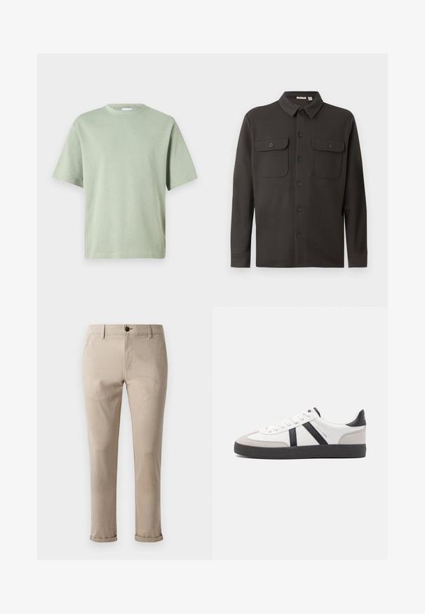Chemise boutonnée gris foncé en tissu doux, dotée d'un col, de deux poches poitrine et de manches longues avec des poignets boutonnés.; T-shirt en coton vert clair avec un col rond et des manches courtes. Le tissu a une texture lisse et n'est pas orné de motifs.; Jack & Jones JPSTMARCO FURY NOOS - Chino - atmosphere; Baskets blanches avec des accents noirs et gris, présentant un embout texturé gris, une semelle en caoutchouc noir et des lacets plats blancs. Design épuré, style minimaliste.