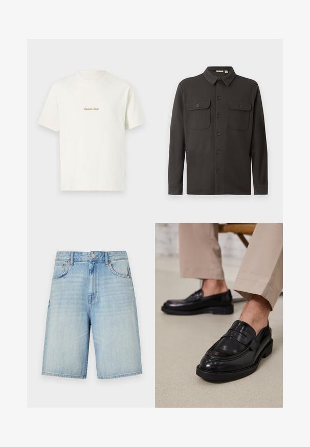 Donkergrijs overhemd met knopen, gemaakt van zachte stof, met een kraag, twee borstzakken en lange mouwen met knoopmanchetten.; Crème katoenen t-shirt met korte mouwen, ronde hals en geborduurd "Original Studio" logo in goud op de borst. Zachte textuur.; Lichtblauwe denimshorts met een rechte snit, voorzien van een knoop- en ritsluiting, vijf zakken en een licht vervaagde afwerking.; Zwarte leren loafers met een gladde afwerking, voorzien van een decoratieve band en contrasterende stiksels, gecombineerd met beige broeken.