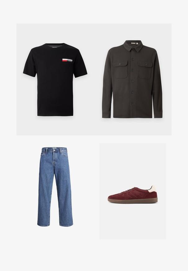 Dunkelgrauhemden aus weichem Stoff, mit Kragen, zwei Brusttaschen und langen Ärmeln mit geknöpften Manschetten.; Schwarzes Baumwoll-T-Shirt mit einem kleinen Logodesign und einem rechteckigen Farbbereich in Rot und Weiß im linken Brustbereich.; Hellblaue Denim-Jeans mit geradem Bein, hohem Bund und minimalen Nähdetails. Der Stoff hat eine weiche, leicht ausgewaschene Textur.; Bordeauxrote Veloursledersneaker mit Schnürung vorne, strukturierten seitlichen Details und hellfarbigem Fersenakzent. Gummisohle mit glatter Oberfläche.