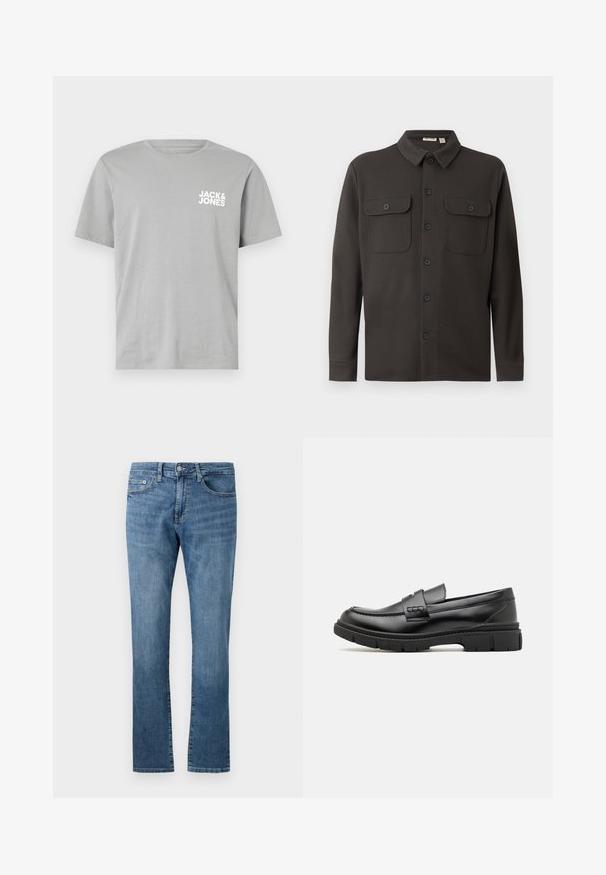 Dunkelgrauhemden aus weichem Stoff, mit Kragen, zwei Brusttaschen und langen Ärmeln mit geknöpften Manschetten.; Graues Baumwoll-T-Shirt mit kurzen Ärmeln, rundem Halsausschnitt und einem weißen Logo "JACK & JONES", das auf der linken Brustseite gedruckt ist.; Straight-leg blaue Denim-Jeans mit klassischem Fünf-Taschen-Design und Knopfverschluss, dargestellt vor weißem Hintergrund.; Schwarze Lederloafer mit einem breiten Riemen über dem Rist, Gummisohle mit dicken Profilen und glatter Textur. Klassisches, schlankes Design.