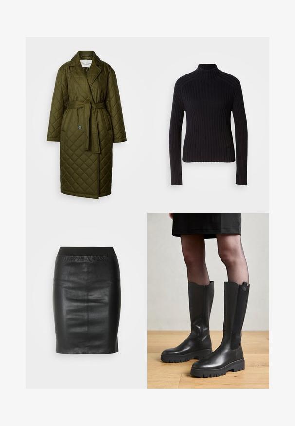Quilted lang frakke i olivengrøn med en vstikka krave, bælte i taljen og to knaplukninger. Har diamantmønstret tekstur.; Sort rippet turtleneck sweater med lange ærmer, tætsiddende design og struktureret overflade. Fremstillet af et strækbart strikket stof.; Sort pencilsyning lavet af glat læder, med en elastisk talje for en tætsiddende silhuet og minimalistisk design.; Sorte knæhøje støvler med en glat læderoverflade, elastiske sidedele og en kraftig gummisål med et struktureret mønster.