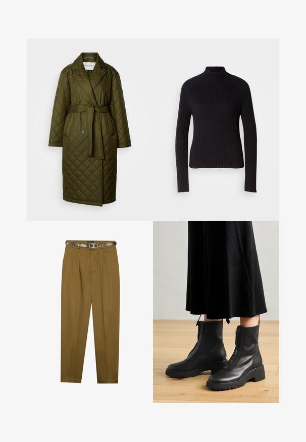 Manteau long matelassé en vert olive avec col à revers, taille ceinturée et deux fermetures à bouton. Présente une texture à motif en losanges.; Pull col roulé noir à côtes avec des manches longues, design ajusté et surface texturée. Fabriqué en tissu tricoté extensible.; Pantalons marron ajustés avec une taille plissée et une ceinture bien ajustée. Ceinture en cuir brun foncé incluse, dotée d'une boucle ronde.; Bottines en cuir noir avec une semelle plateforme épaisse et une fermeture éclair à l'avant. Texture lisse avec un design minimaliste.