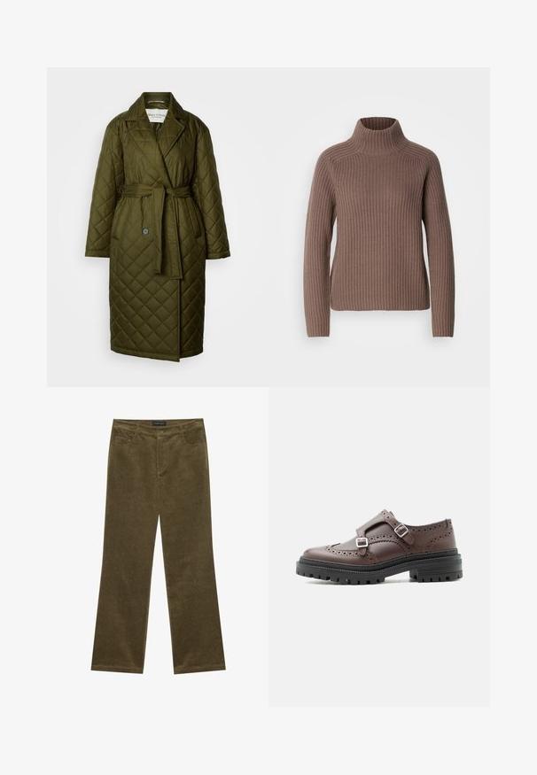 Manteau long matelassé en vert olive avec col à revers, taille ceinturée et deux fermetures à bouton. Présente une texture à motif en losanges.; Mos Mosh THYRA HIGHNECK - Pullover - braun; Pantalons en velours côtelé vert olive évasés avec cinq poches, coutures visibles et fermeture à bouton à la taille pour un maintien sûr.; Chaussure derby brogue en cuir marron avec double boucle argentée et semelle extérieure noire épaisse, vue de côté sur fond blanc.