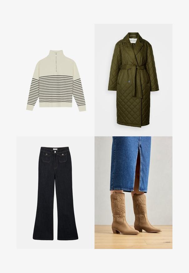 Manteau long matelassé en vert olive avec col à revers, taille ceinturée et deux fermetures à bouton. Présente une texture à motif en losanges.; Pull crème avec un col haut, texture à côtes verticales et rayures noires horizontales sur le corps et les manches. Détail de fermeture éclair argenté.; Jeans en denim foncé évasés avec une taille haute, deux poches avant et des coutures orange. Le matériau semble robuste et lisse.; Bottes western en cuir marron avec des coutures décoratives, bout pointu et talon empilé. Portées avec une jupe en denim longue jusqu'au genou, mettant en valeur les bottes.