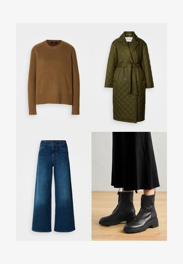 Quilted lang frakke i olivengrøn med en vstikka krave, bælte i taljen og to knaplukninger. Har diamantmønstret tekstur.; Brun strikket sweater med ribbet tekstur, rund halsudskæring og lange ærmer. Har kontrasterende ribbet detaljer langs skuldrene.; Viddejeans lavet af mørkeblå denim. Har høj talje, knaplukning og klassisk fem-lomme design med subtile falme.; Sorte læder ankelstøvler med en kraftig platformsål og en frontlynlås. Glat tekstur med et minimalistisk design.