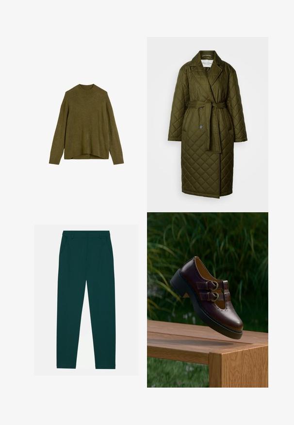 Quilted lang frakke i olivengrøn med en vstikka krave, bælte i taljen og to knaplukninger. Har diamantmønstret tekstur.; Olivengrøn strikketrøje med ribbet rund hals, drop shoulder-ærmer og en løs pasform. Kantene er lidt længere bagtil.; Mørkegrønne bukser lavet af blødt materiale, med to sidelommer og et lige ben-design. Minimalistisk stil uden synlige mønstre.; Mørkebrune lædersko med dobbelt rem, perforerede detaljer og tyk sort sål, hængende over et træbord udendørs.