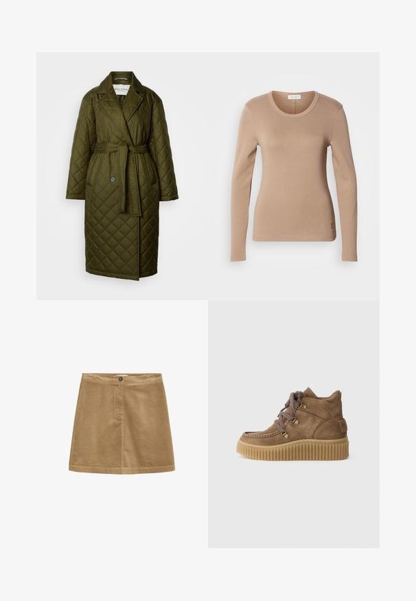 Quilted lang frakke i olivengrøn med en vstikka krave, bælte i taljen og to knaplukninger. Har diamantmønstret tekstur.; Langærmet top i lys beige med rund halsudskæring og tætsiddende pasform. Lavet af blødt, strækbart stof med en subtil tekstur. Lille logo detail ved kanten.; Brun fløjl mini nederdel med knaplukning, der har en vertikal ribbet tekstur og et enkelt design. Kanten er lige og velafgrænset.; Brune ruskind ankelstøvler med en ribbet gummisål, der har dobbelte snørehuller, dekorative sidelåse og en polstret krave.