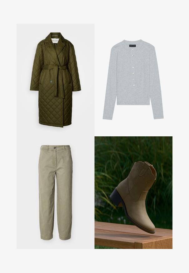 Manteau long matelassé en vert olive avec col à revers, taille ceinturée et deux fermetures à bouton. Présente une texture à motif en losanges.; Cardigan gris à manches longues en tissu côtelé, présentant un col rond et six boutons frontaux avec une légère brillance.; Pantalon droit couleur kaki clair avec passants pour ceinture, fermeture par bouton et braguette zippée, présenté sur un fond uni.; Bottine en daim couleur fauve avec surpiqûres décoratives et petit talon carré, posée au bord d'une surface en bois en extérieur.