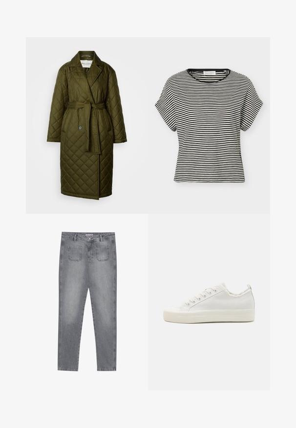 Manteau long matelassé en vert olive avec col à revers, taille ceinturée et deux fermetures à bouton. Présente une texture à motif en losanges.; T-shirt à manches courtes à rayures horizontales noires et blanches, col rond et coupe décontractée.; Jean en denim gris à coupe droite, avec cinq poches et une fermeture par bouton. Présente un lavage clair et des détails de couture classiques.; Baskets en toile blanches avec une tige texturée, bout rond, semelle plate et laçage à l'avant. Présentent un col légèrement effiloché et une languette.