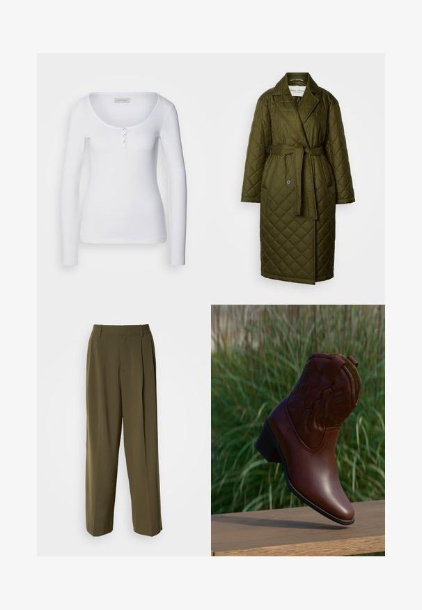 Manteau long matelassé en vert olive avec col à revers, taille ceinturée et deux fermetures à bouton. Présente une texture à motif en losanges.; Haut à manches longues blanc avec un décolleté en scoop, texture côtelée et trois accents de boutons argentés sur le plastron avant.; Pantalons à jambes larges vert olive en tissu lisse, dotés d'une taille haute, de plis sur le devant et de poches latérales pour plus de fonctionnalité.; Botte de cowboy en cuir marron avec des coutures décoratives, inclinée vers le haut sur une surface en bois avec un arrière-plan flou d'herbe verte.