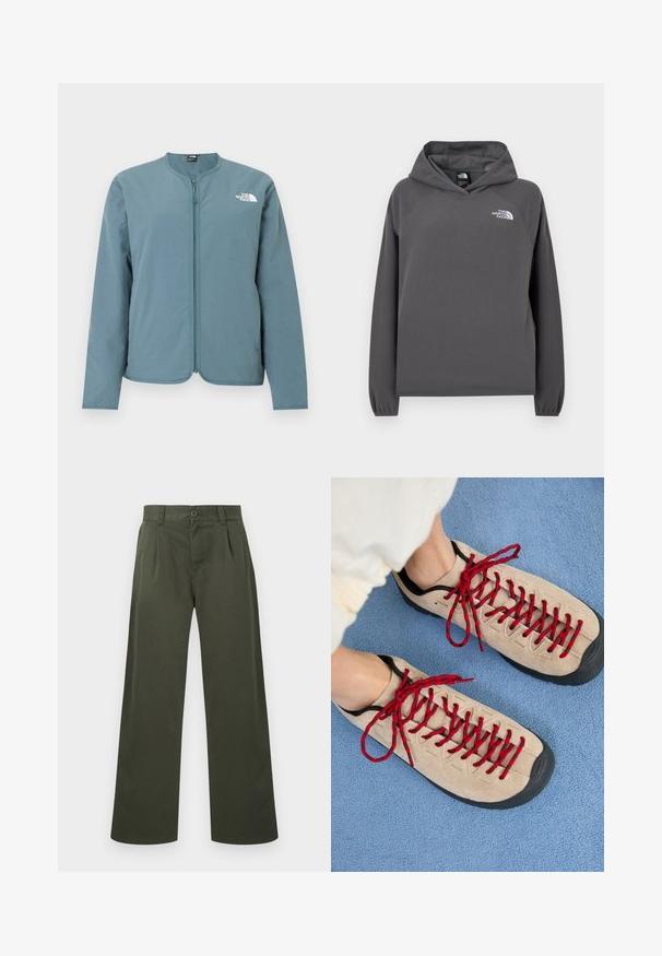 Lichtblauw jack met lange mouwen en ritssluiting, zonder kraag en met het witte The North Face-logo op de bovenste linkerborst.; Grijze capuchontrui van fleece met een ontspannen pasvorm, geribbelde manchetten en een klein wit logo op de linker borst. Zachte textuur en eenvoudig ontwerp.; Olijfgroene broek met rechte pijpen, riemlussen, knoopsluiting aan de voorkant en zijzakken, afgebeeld op een witte achtergrond.; Beige schoenen met rode veters, geplaatst op een blauwe, gestructureerde ondergrond, onthullen gedeeltelijk de enkel van een persoon. De schoenen hebben een sportief ontwerp.