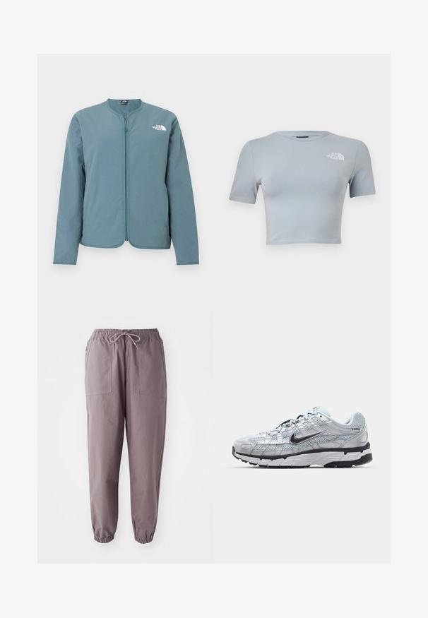 Chaqueta de manga larga azul claro con cremallera, sin cuello y con el logo blanco de The North Face en la parte superior izquierda del pecho.; Camiseta corta de manga corta de color gris claro con escote redondo y el logotipo blanco de "The North Face" en el pecho izquierdo.; Pantalones grises de cintura elástica con cordón, que cuentan con dos bolsillos delanteros y tobillos ajustados, exhibidos sobre un fondo blanco.; Zapatillas Nike P-6000 con parte superior de malla gris claro, acentos negros y suela de goma negra duradera. Presentan un diseño intrincado y un sistema de cordones.