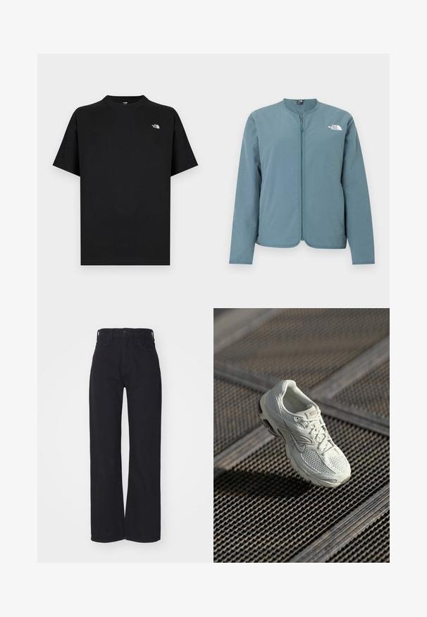 Veste zippée à manches longues bleu clair, sans col, avec le logo blanc The North Face sur la partie supérieure gauche de la poitrine.; T-shirt noir à manches courtes en coton avec un col rond. Présente un petit logo blanc sur la poitrine gauche et une coupe standard.; Jeans noirs taille haute à jambes larges avec fermeture à bouton et zip à l'avant, passants de ceinture et deux poches avant sur fond blanc.; Baskets de course Nike blanches avec une tige en maille et synthétique reposant sur un revêtement de sol en grille métallique, sous une lumière naturelle douce.