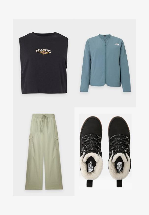 Veste zippée à manches longues bleu clair, sans col, avec le logo blanc The North Face sur la partie supérieure gauche de la poitrine.; Haut noir court sans manches avec le texte "Billabong" et un motif de flamme jaune au centre de la poitrine.; Pantalon cargo vert clair à jambes larges avec taille élastique et cordon de serrage, doté de poches latérales à rabat et d'une coupe décontractée.; Bottes noires en cuir synthétique imperméables à la cheville, avec une doublure en fausse fourrure, un tissu texturé, des lacets à motifs noirs et blancs, et une languette au niveau du talon.