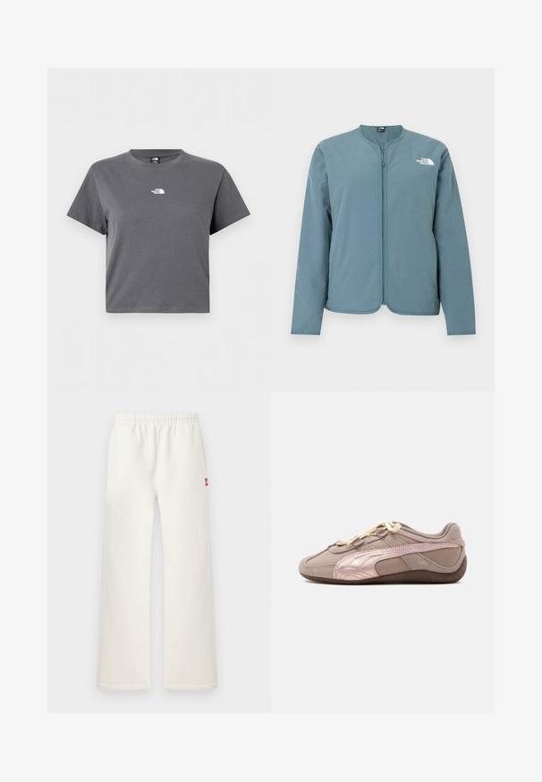 Jachetă albastru deschis cu fermoar și mâneci lungi, fără guler, cu logo-ul alb The North Face pe partea stângă a pieptului.; Tricou gri cropat cu mâneci scurte, guler rotund și un mic logo alb The North Face centrat pe piept.; Pantaloni drepți de culoare alb-ostoasă, cu talie elastică și un mic patch roșu pe partea dreaptă, expuși pe un fundal simplu, deschis.; Pantof sport taupe cu profil jos, cu texturi din piele intoarsă și piele, șireturi crem și o dungă metalică auriu-roz pe lateral, pe o talpă închisă la culoare.