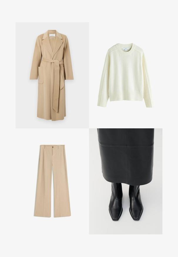 Lang beige uldfrakke med brede klapper, to forlommer og et matchende bælte der er bundet om taljen.; Kremfarvet strikket sweater med ribstrikkede manchetter og kant, med rund halsudskæring og afslappet pasform. Blød tekstur, minimalistisk design, ingen mønstre.; Beige bukser med brede ben og et fintstripet mønster, forrest med knapper og bæltestropper. Glat tekstur med skræddersyet finish.; Sorte læder støvler med høj ankel, firkantet tådesign og sideskilt. Glat tekstur og minimal hardware; sammen med en sort lædernederdel.