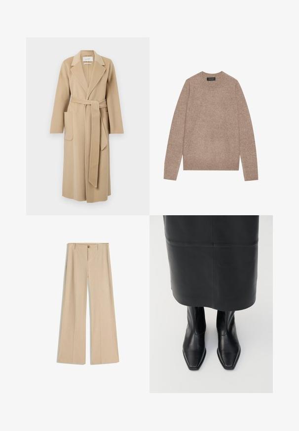 Lange beige wollen jas met brede revers, twee voorzakken en een bijpassende riem die in de taille is gestrikt.; Lichtbruine trui met een ronde hals, gemaakt van zacht materiaal, met ribgebreide manchetten en zoom. Eenvoudig ontwerp met een gestructureerde uitstraling.; Beige wijde broek met pinstripe patroon, knoopsluiting aan de voorkant en riemlussen. Glad van textuur met een getailleerde afwerking.; Zwarte leren hoge enkellaarsjes met een vierkante neus en een ritssluiting aan de zijkant. Glad textuur en minimale hardware; gecombineerd met een zwarte leren rok.