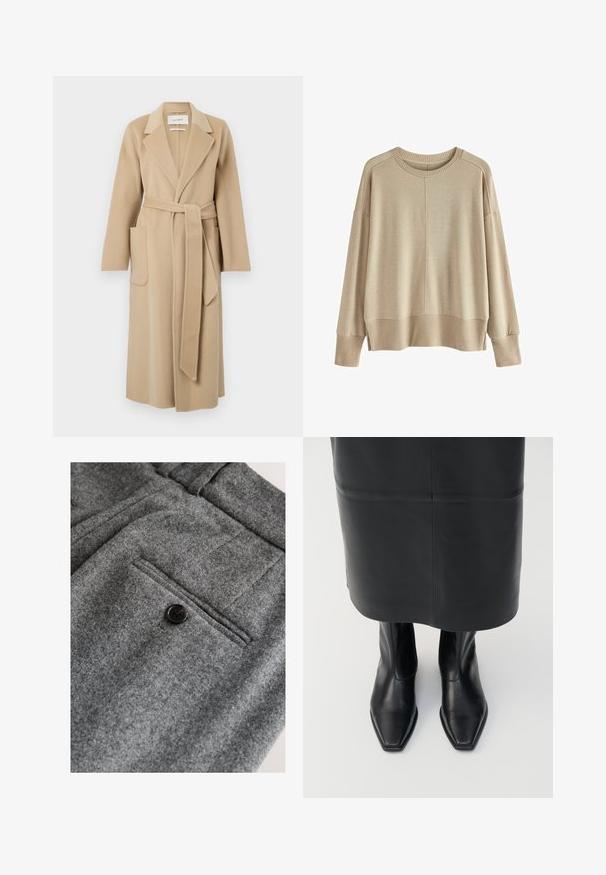 Lang beige uldfrakke med brede klapper, to forlommer og et matchende bælte der er bundet om taljen.; Beige strikket sweater med en afslappet pasform, ribbede manchetter og kant, rund halsudskæring og dropped shoulders. Blød tekstur med minimale sømme.; Grå uldbukser med flad front, en enkelt baglomme med en sort knap og en blød, tekstureret finish.; Sorte læder støvler med høj ankel, firkantet tådesign og sideskilt. Glat tekstur og minimal hardware; sammen med en sort lædernederdel.