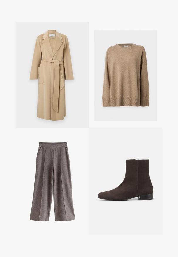Lang beige uldfrakke med brede klapper, to forlommer og et matchende bælte der er bundet om taljen.; Beige langærmet striktrøje med ribstrikkede manchetter, kant og rund hals, vist fladt på en hvid baggrund.; Grå vidde bukser med blødt stof, der har en flad linning, frontlokker og sidelommer. Enkel og alsidig design.; Mørkebrun ruskind ankelstøvle med lav blokhæl og sidelås, slank rundet tå, på ensartet lys baggrund.