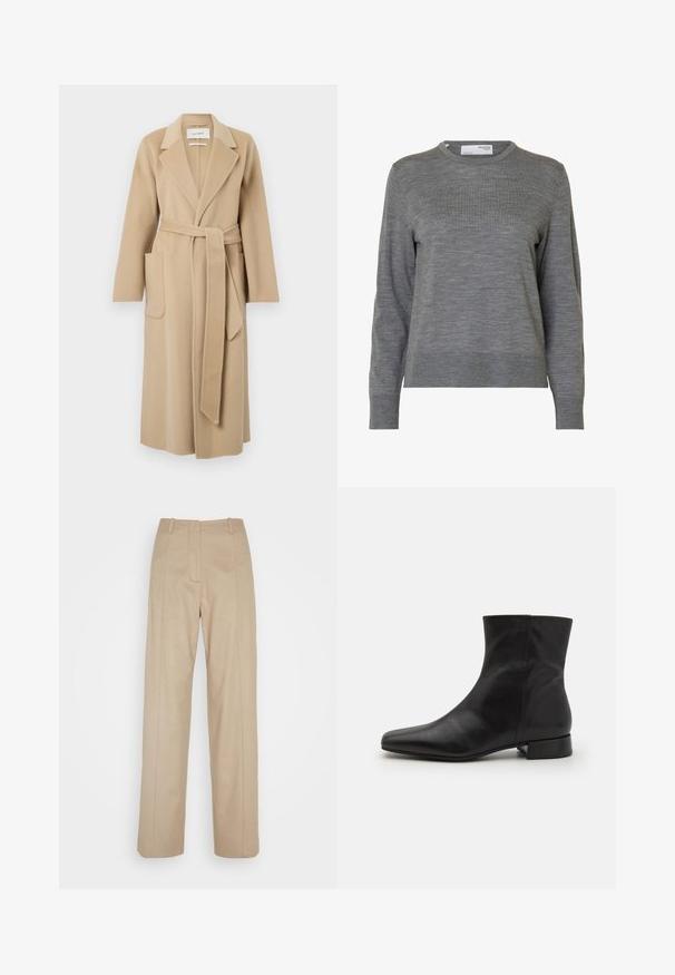 Lange beige wollen jas met brede revers, twee voorzakken en een bijpassende riem die in de taille is gestrikt.; Lichtgrijze gebreide trui met lange mouwen, ronde hals en geribbelde boorden en zoom, getoond tegen een witte achtergrond.; Calvin Klein TAILORED STRAIGHT PANT - Broek - cinder; Zwarte leren enkelboot met een spitse neus, gladde textuur, minimalistisch ontwerp en een lage blokhak. Zijrits gaat tot de enkel.