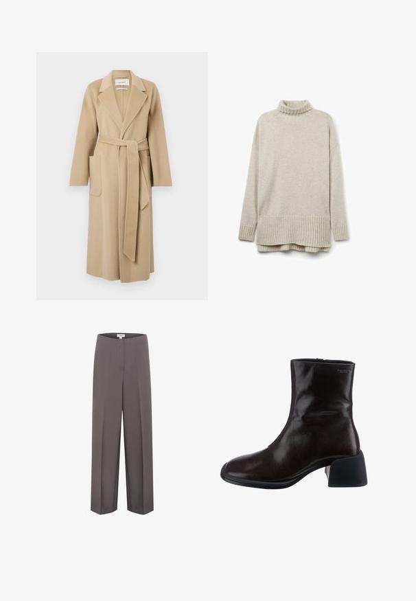 Lang beige uldfrakke med brede klapper, to forlommer og et matchende bælte der er bundet om taljen.; Beige striktrøje med ribbet turtleneck, lange ærmer og en nederkant med diagonal ribning. Blød tekstur og afslappet pasform.; Grå vide bukser med en glat tekstur, der har flad front og ingen synlige lommer, lavet af letvægtsstof.; Vagabond ANSIE - Støvletter - braun
