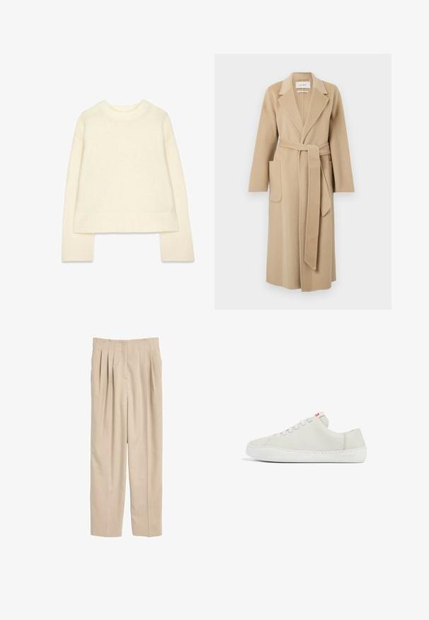 Long manteau en laine beige avec des revers larges, deux poches avant et une ceinture assortie nouée à la taille.; Pull en tricot couleur crème avec un col rond, des épaules tombantes et des manches longues. Il possède des poignets côtelés et un ourlet droit.; Pantalons plissés beiges en tissu léger. Présente une coupe droite, une taille avec des détails de couture, et aucun poignet visible.; Baskets en cuir blanc avec un profil bas, bout arrondi, fermeture à lacets plate et semelle en caoutchouc blanche. Présente des coutures discrètes et un petit logo.