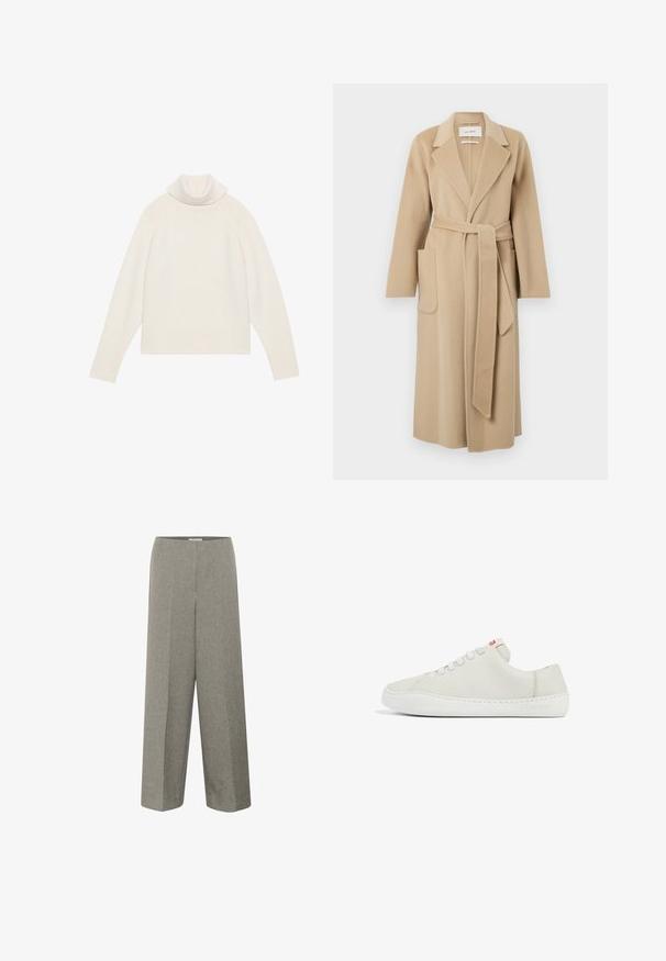 Lang beige uldfrakke med brede klapper, to forlommer og et matchende bælte der er bundet om taljen.; Lyscreme turtleneck sweater med ribbet tekstur, raglanærmer og tætsiddende kant. Blødt materiale og afslappet silhuet.; Soaked in Luxury SLLILU CORINNE WIDE LONG PANTS - Bukser - grey melange suiting; Hvide lædersneakers med lav profil, rund tå, flad snørebåndslukning og hvid gummisål. Udstyret med diskret syning og et lille logo.