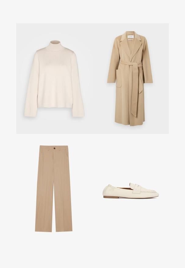 Lang beige uldfrakke med brede klapper, to forlommer og et matchende bælte der er bundet om taljen.; Cremefarvet højhalset sweater med lange ærmer, lavet af blødt strikket stof. Har en tætsiddende krave og en afslappet silhuet. Ingen synlige mønstre eller detaljer.; Beige brede bukser med en glat tekstur, der har to sidelommer, en frontlukning med knap og diskrete plisseringer for at tilføje detaljer.; Kremfarvet læderloafer med syningsdetaljer, flad sål og slip-on design.