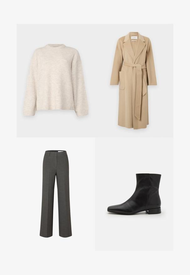 Long manteau en laine beige avec des revers larges, deux poches avant et une ceinture assortie nouée à la taille.; Pull en tricot beige clair avec un col rond, des épaules tombantes et des poignets côtelés. Texture douce, coupe légèrement oversize.; Pantalon large sur mesure gris foncé avec pli devant et ceinture avec passants sur fond blanc.; Botte cheville en cuir noir avec un bout pointu, texture lisse, design minimaliste et un petit talon carré. La fermeture éclair sur le côté monte jusqu'à la cheville.