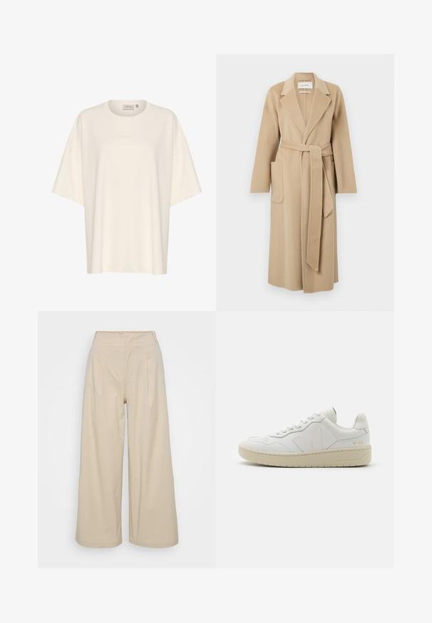 Lange beige wollen jas met brede revers, twee voorzakken en een bijpassende riem die in de taille is gestrikt.; Oversized crèmekleurig T-shirt van zachte stof met een ronde halslijn en korte mouwen. Subtiele reliëf logo-detail aan de voorkant.; Beige wijde broek gemaakt van soepele stof, met een hoge taille, voorplooien en een enkel-lange zoom. Eenvoudig en onversierd ontwerp.; Witte leren sneakers met geperforeerde teendoos, contrasterende beige rubberen zool en logo-accenten op de zijkant en hiel. Minimalistisch ontwerp.