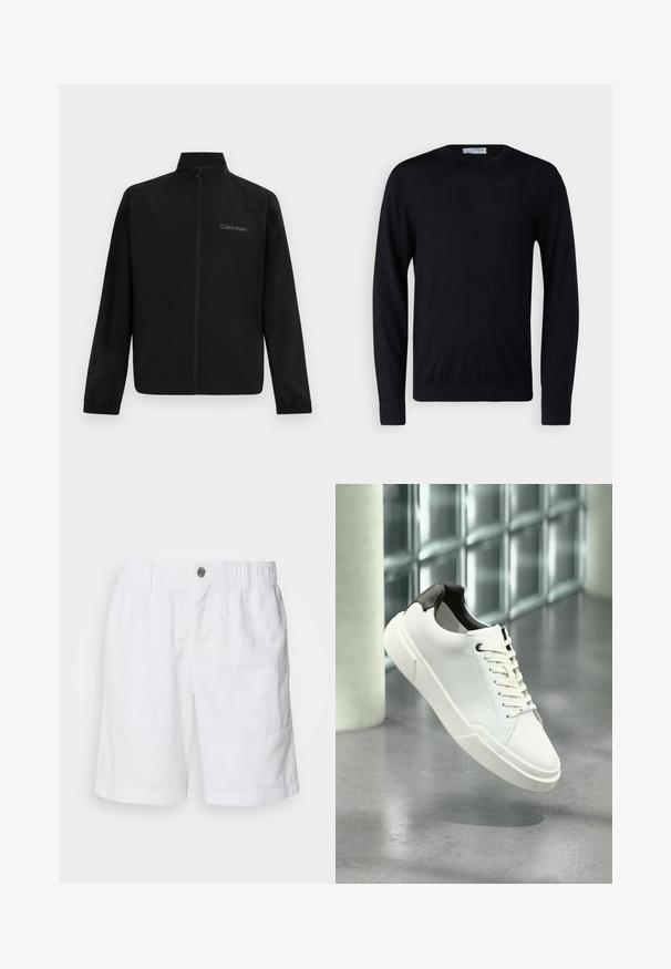 Veste noire zippée avec col montant, poignets élastiques et logo "Calvin Klein" sur le côté gauche de la poitrine, sur un fond uni.; Pull noir à manches longues, col rond, avec poignets et ourlet côtelés, présenté sur fond blanc.; Shorts en lin blancs avec une taille élastique et un bouton en métal. Comprend deux poches latérales et un design à coupe décontractée.; Baskets basses blanches avec languette de talon noire texturée, lacets blancs et semelle épaisse sur un sol en béton poli près de blocs de verre.