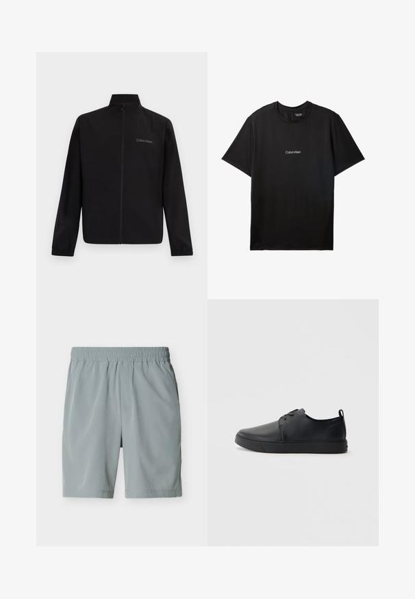 Veste noire zippée avec col montant, poignets élastiques et logo "Calvin Klein" sur le côté gauche de la poitrine, sur un fond uni.; T-shirt Calvin Klein noir à manches courtes avec col rond et petit logo blanc Calvin Klein centré sur la poitrine.; Shorts décontractés pour homme de couleur gris clair avec ceinture élastique et poches latérales, présentés à plat sur fond blanc.; Baskets en cuir noir avec une finition lisse, bout arrondi, coutures ton sur ton, devant à lacets et semelle plate en caoutchouc. Anse au talon.