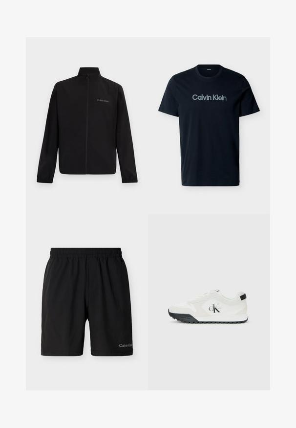 Schwarze Jacke mit Reißverschluss, hohem Kragen, elastischen Bündchen und dem "Calvin Klein"-Logo auf der linken Brust vor einfachem Hintergrund.; Schwarzes T-Shirt mit kurzen Ärmeln und Rundhalsausschnitt, auf der Brust mit dem "Calvin Klein"-Logo in hellgrauen Buchstaben bedruckt.; Schwarze Shorts mit elastischem Bund und seitlichen Taschen, knielang, mit kleinem Calvin Klein Logo am unteren linken Bein.; Weiße Calvin Klein Sneaker mit schwarzem Sohle, Wildleder- und Mesh-Einsätzen, CK-Logo an der Seite sowie Calvin Klein-Branding an Ferse und Sohle.