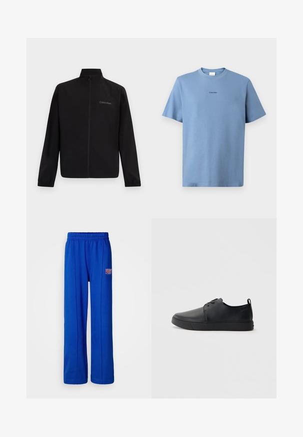 Sort jakke med lynlås, høj krave, elastiske ærmegab og "Calvin Klein"-logo på venstre bryst mod en ensfarvet baggrund.; Lyseblå bomulds T-shirt med korte ærmer, rund halsudskæring og subtil "Calvin Klein" logo i sort på brystet. Glat tekstur.; Lyseblå elastiske sweatpants med lige ben og et lille rødt og hvidt "VERY" logo på højre lår.; Sorte lædersneakers med en glat finish, rund tå, tonalt syning, snøring foran og en flad gummisål. Løkke ved hælen.