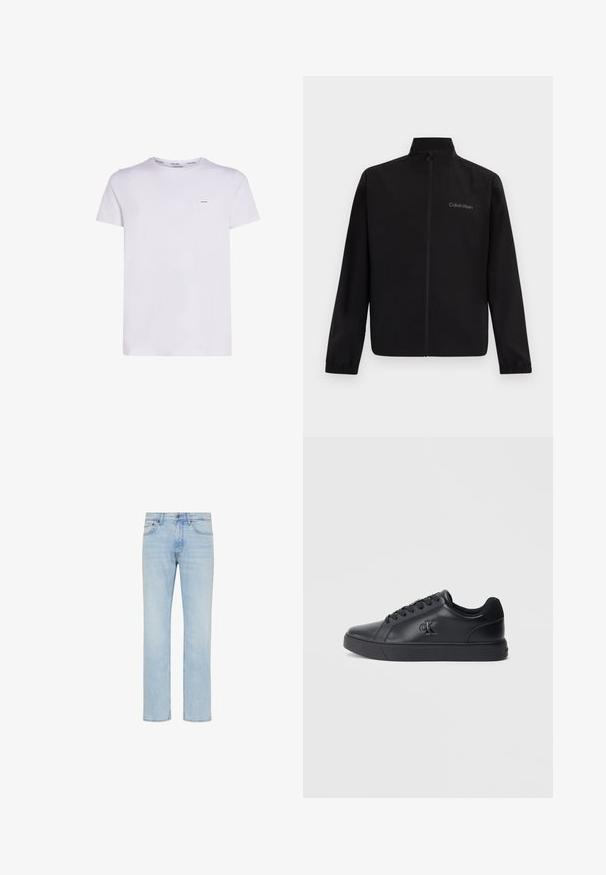Schwarze Jacke mit Reißverschluss, hohem Kragen, elastischen Bündchen und dem "Calvin Klein"-Logo auf der linken Brust vor einfachem Hintergrund.; Weißes Baumwoll-T-Shirt mit kurzen Ärmeln, Rundhalsausschnitt und einem kleinen Logo-Label auf der linken Brust, mit glatter Textur und schlichtem Design.; Hellblaue Straight-Leg-Jeans aus Denim mit vorderem Knopf, Reißverschluss und Fünf-Taschen-Design, gezeigt auf weißem Hintergrund.; Schwarze Ledersneaker mit Schnürdesign, Gummisohle und geprägtem Logo an der Seite, mit einer glatten Textur und minimalistischem Stil.