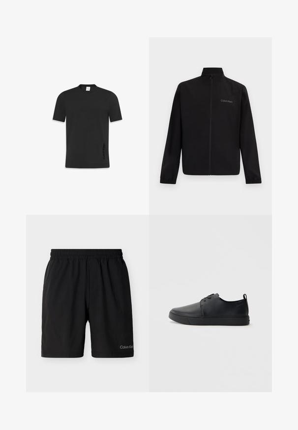 Zwarte jas met ritssluiting, hoge kraag, elastische manchetten en "Calvin Klein"-logo op de linkerborst tegen een effen achtergrond.; Zwart kortge sleeve t-shirt van gladde katoen, met een klassieke ronde hals en een klein logo gedrukt aan de onderzijde.; Zwarte shorts met elastische taille en zijzakken, kniehoog, met klein Calvin Klein-logo op het onderste deel van het linkerbeen.; Zwarte leren sneaker met een gladde afwerking, ronde neus, tonale stiknaden, vetersluiting aan de voorkant en een vlakke rubberen zool. Lussje aan de hak.