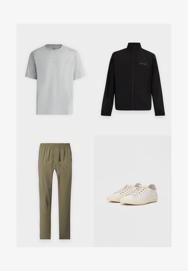 Veste noire zippée avec col montant, poignets élastiques et logo "Calvin Klein" sur le côté gauche de la poitrine, sur un fond uni.; T-shirt gris clair à manches courtes avec col rond et logo « Calvin Klein » embossé centré sur la poitrine.; Pantalon slim vert olive avec taille élastique, deux poches latérales et fermeture éclair à l'avant, posé à plat sur un fond blanc.; Baskets blanches en cuir lisse avec des coutures ton sur ton, fermeture à lacets, bout arrondi et semelle en caoutchouc texturée.