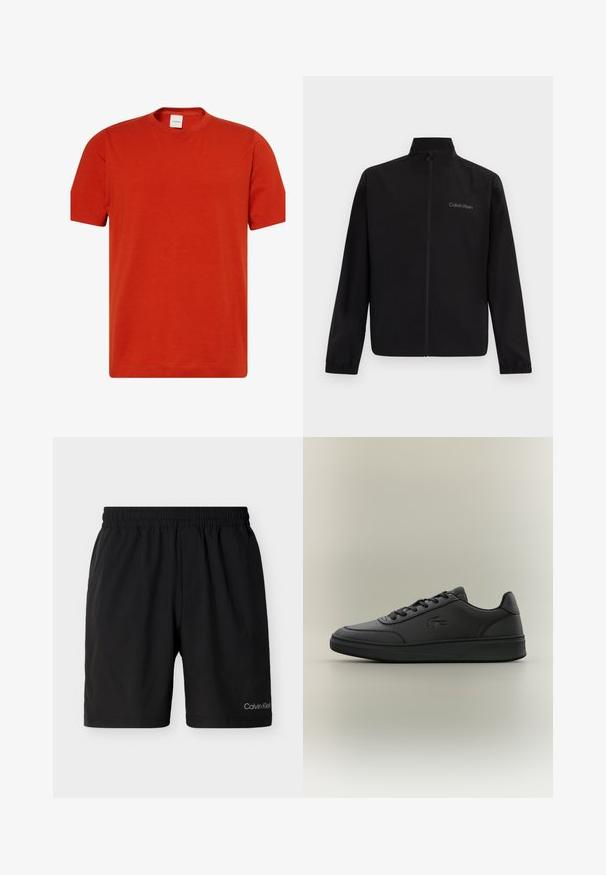 Zwarte jas met ritssluiting, hoge kraag, elastische manchetten en "Calvin Klein"-logo op de linkerborst tegen een effen achtergrond.; Rode katoenen T-shirt met korte mouwen, ronde hals, en Calvin Klein-logo in een subtiele print aan de linkerzijde. Soepele textuur, casual ontwerp.; Zwarte shorts met elastische taille en zijzakken, kniehoog, met klein Calvin Klein-logo op het onderste deel van het linkerbeen.; Zwarte sneakers gemaakt van glad synthetisch materiaal, met een low-top ontwerp, ronde neus, vetersluiting aan de voorkant, reliëflogo en een gestructureerde zool.