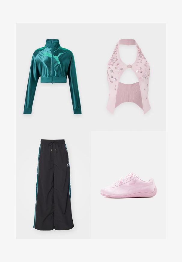 Veste de survêtement courte vert sarcelle avec manches longues, poignets et col côtelés, fermeture éclair à l'avant, et grand logo Puma sur la poitrine.; Top court rose en maille côtelée avec un col halter, design découpé, orné de boutons brillants de différentes tailles sur un côté.; Pantalons larges noirs avec une taille à cordon de serrage, des panneaux latéraux teal et des rayures blanches. Fabriqués à partir d'un matériau lisse et léger.; Basket Puma profil bas, rose clair, avec fermeture à lacets et semelle texturée, vue de côté sur un fond uni.