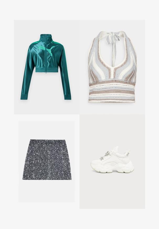 Veste de survêtement courte vert sarcelle avec manches longues, poignets et col côtelés, fermeture éclair à l'avant, et grand logo Puma sur la poitrine.; Haut halter en crochet avec des rayures bleu clair, beige et blanc, doté d'un décolleté en V profond et d'un lien dans le dos. Texture en torsion ouverte sur l'ensemble.; Mini-jupe en sequins argentés avec un motif texturé et une coupe droite. Le tissu semble brillant et réfléchissant.; Baskets blanches épaisses avec semelle texturée épaisse, étoile et décorations papillon argentées sur les lacets blancs, et clous argentés sur la languette du talon.