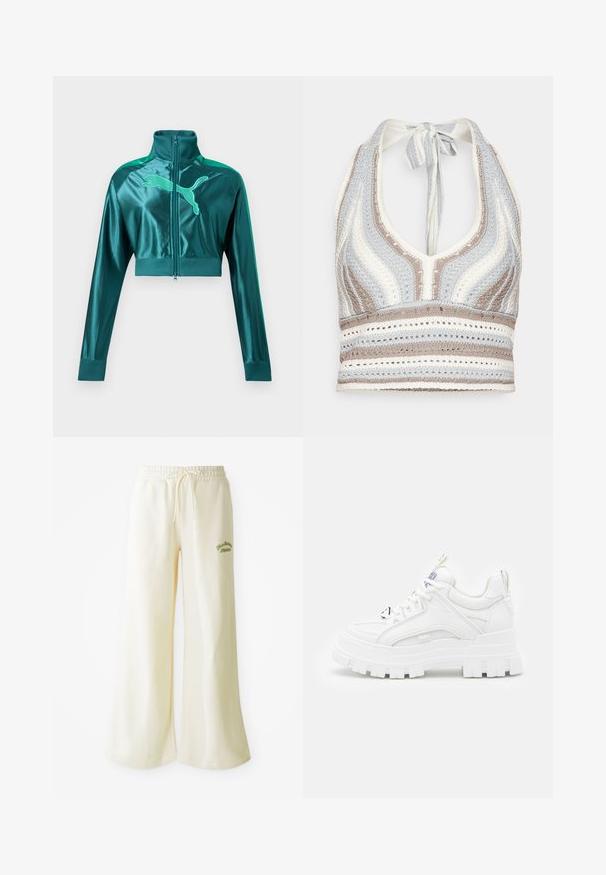 Chaqueta corta deportiva de color verde azulado con mangas largas, puños y cuello acanalados, cremallera frontal y gran logo de Puma en el pecho.; Top de ganchillo tipo halter con rayas en azul claro, beige y blanco, con un escote profundo en V y una espalda atada. Textura de tejido abierto en todo el top.; Pantalones de chándal anchos color crema con cintura elástica y cordón ajustable. Texto bordado en verde "Athletic" en la parte frontal. Tejido suave.; Zapatillas deportivas blancas y gruesas con un revestimiento texturizado, cuello acolchado y suela gruesa y estriada. Presentan cordones negros en contraste y un detalle de marca.