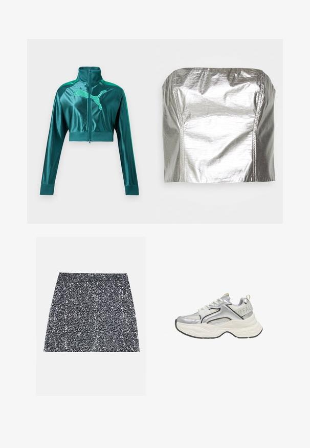Türkiisroheline lühendatud jooksvate varrukatega jope, millel on soonikkäte- ja kraeääred, esil lukk ja suure Pumaga logo rinnal.; Gina Tricot TUBE - Topp - silver-coloured; Hõbedane sädelev mini seelik, millel on tekstuuriline muster ja sirge lõige. Kanga pind paistab läikiv ja peegeldav.; Hõbedane ja valge jämeda tallaga spordijalats võrgust ja nahast detailidega, paks valge talla ning "BUFFALO" brändinguga kandupaelal.