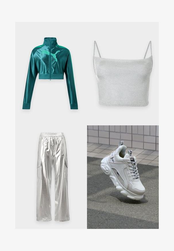 Chaqueta corta deportiva de color verde azulado con mangas largas, puños y cuello acanalados, cremallera frontal y gran logo de Puma en el pecho.; Top corto de punto metálico plateado con tirantes delgados ajustables. Diseño entallado y textura suave. Sin patrones ni detalles visibles de herrajes.; MCM METALLIC PANTS - Pantalones cargo - silver; Zapatilla blanca con materiales de malla y cuero, puntera redondeada, suela gruesa, cintas prominentes y logo en el talón y la lengüeta.