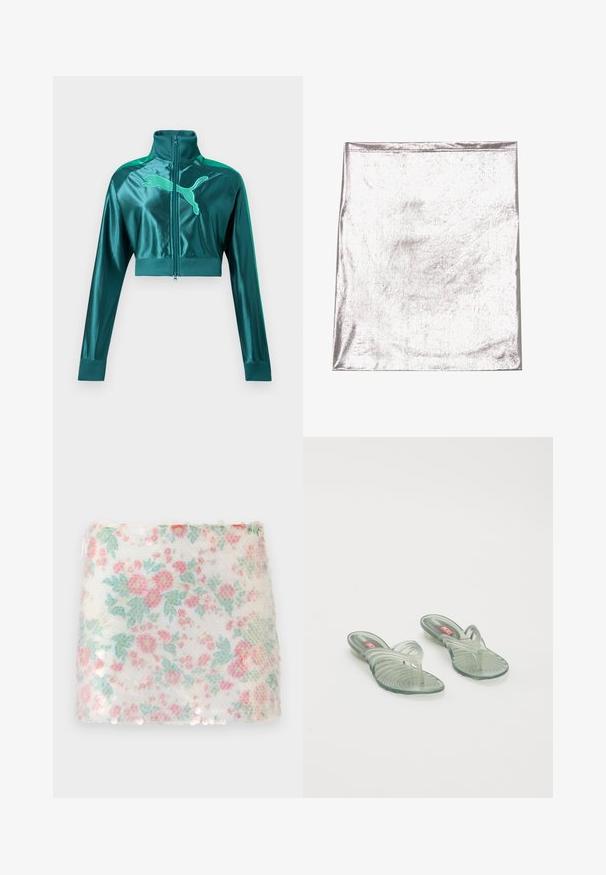 Diepgroene cropped trainingsjas met lange mouwen, geribbelde boorden en kraag, ritssluiting aan de voorkant en groot Puma-logo op de borst.; Metaalachtig zilverkleurig stof met een gladde textuur en een lichte glans. Rechthoekige vorm, randen netjes gestikt, geen opvallende patronen of accenten.; Witte stof met bloemmotief, voorzien van pastelroze en groene bloemen, met een gestructureerd oppervlak en subtiele pailletten langs de onderrand.; Transparante jelly sandalen met een golfvormig ontwerp, voorzien van een tussenstuk en een gegroefd zoolpatroon. Kleuren zijn onder andere lichtgroen en transparante tinten.
