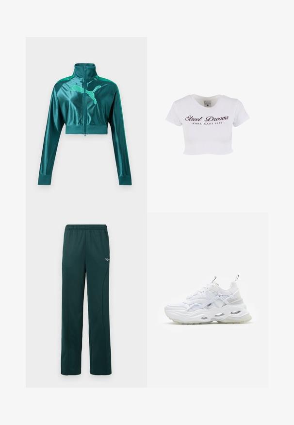 Tealgrüne, kurz geschnittene Trainingsjacke mit langen Ärmeln, gerippten Bündchen und Kragen, Frontreißverschluss und großem Puma-Logo auf der Brust.; Weißes, kurz geschnittenes T-Shirt aus Baumwolle. Mit rundem Ausschnitt und kurzen Ärmeln sowie den Aufdrucken "Street Dreams" und "KARL KANI 1989" in Dunkellila.; Dunkelgrüne Sweatpants aus weichem Stoff, mit einem elastischen Bund und Seitennähten, versehen mit einem kleinen Logo auf der Vorderseite.; Weißer Sneaker mit dickem Profil, geschichtetem Mesh- und Synthetik-Obermaterial, mit gemusterten Akzenten, Schnürsystem und Zuglasche.